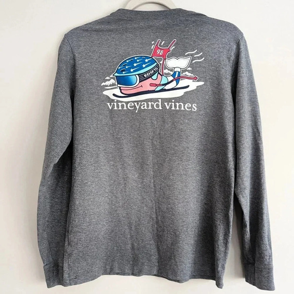 Vineyard Vines Unisex Ski Whale Pocket Tee - Gray Long Sleeve - Size Large - Picture 2 of 8